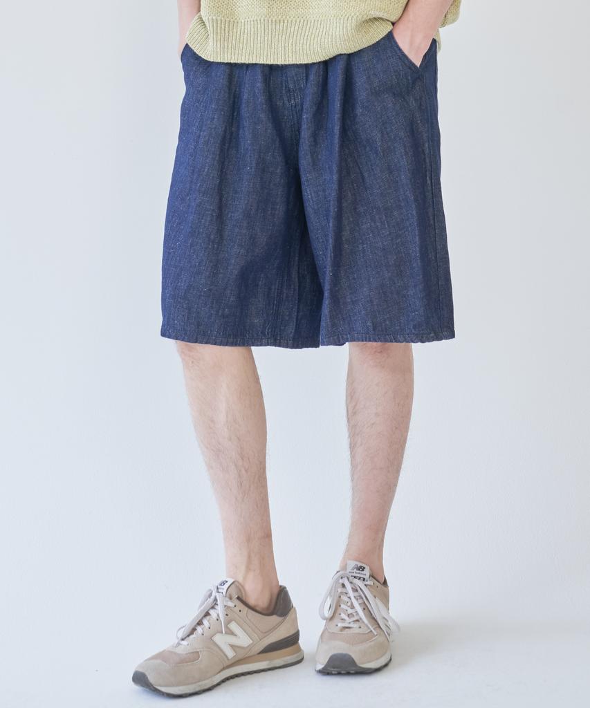 AOTT Linen Denim Wide Double-Pleat Bermuda Pants Dark Blue