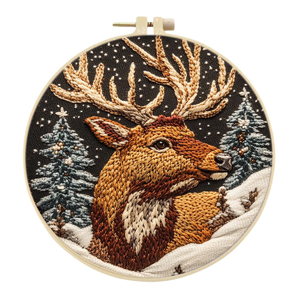 Elk In Forest Stamped Cross Stitch Embroidery Kits with Hoop Cloth Color Thread