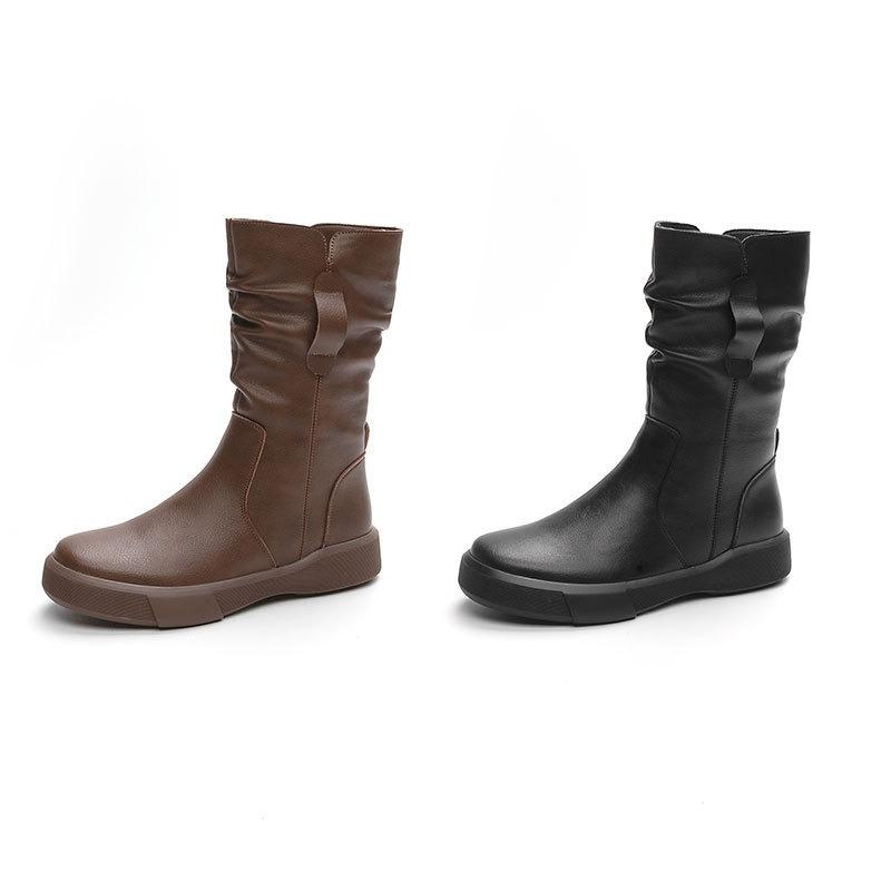Simple Shoes Versatile Boots Women's Mid-calf Boots Breathable Chunk-heeled Thick-soled Boots