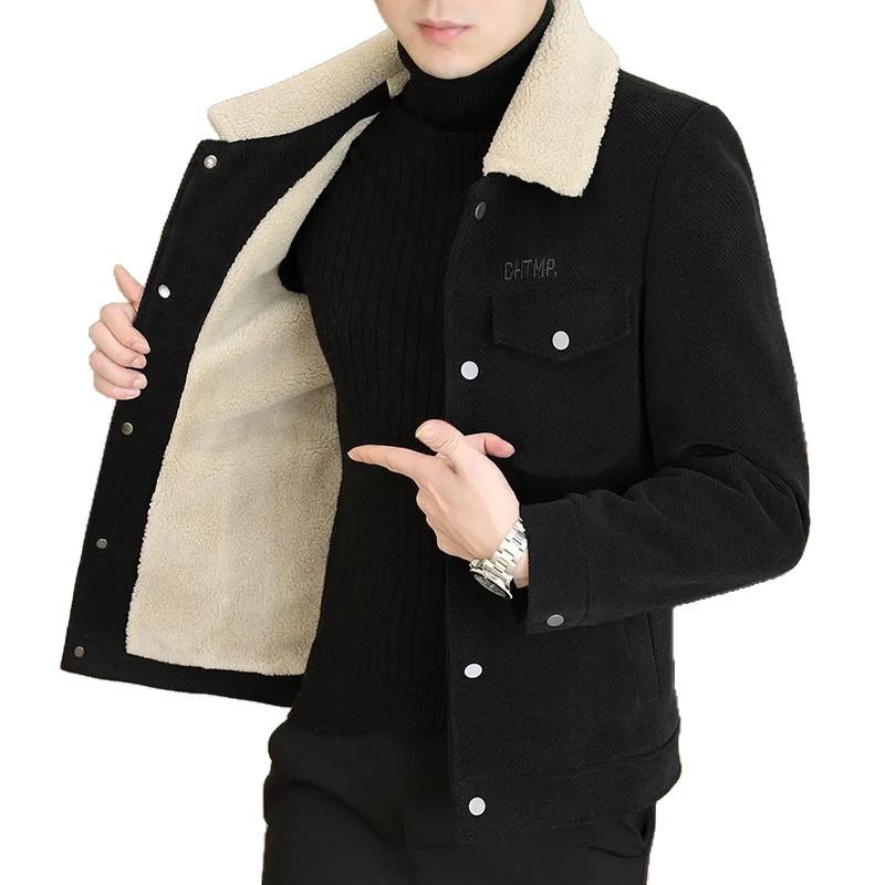 Men's Autumn and Winter Lapel Jacket, Solid Color Sheepskin Woolen Coat with Fur Collar and Fleece Warm Middle-aged Jacket