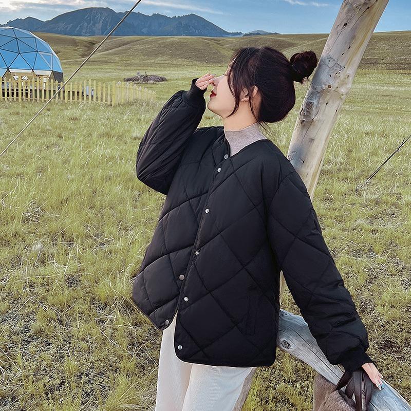 Autumn and winter new cotton clothes women's fashion round neck short rhombus grid versatile cotton-padded clothes loose coat