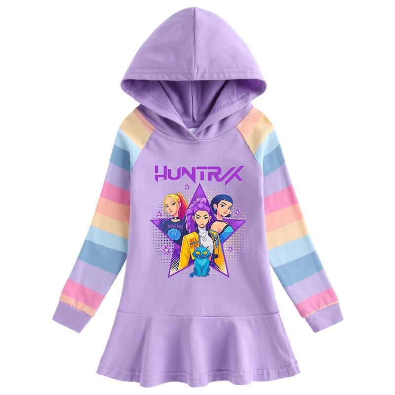 Frühling Herbst Kpop Hexenjagd Team Lotusblatt Rand Cartoon Regenbogen Mädchenkleid Baumwolle Langarm Hoodie Hundert Falten Prinzessinnenkleid