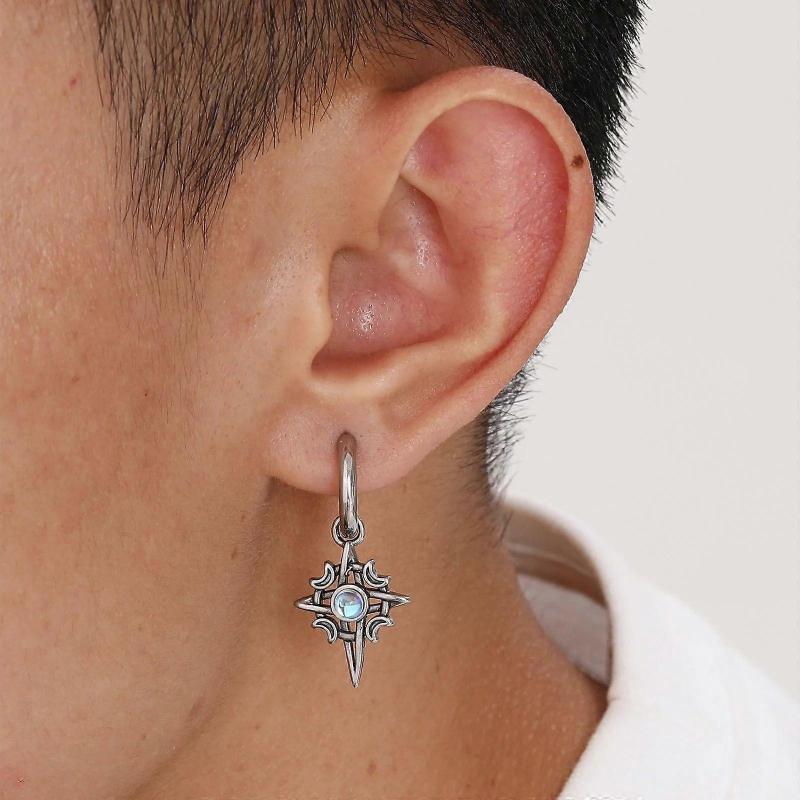 Men's Stainless Steel Moonstone Star Hoop Earrings, Waterproof Hiphop Jewelry