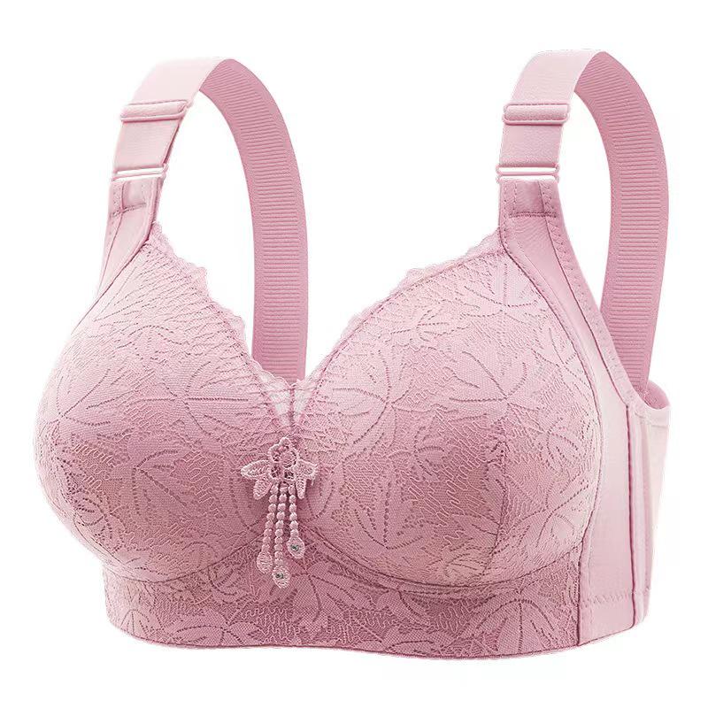 Plus Size Wire-Free Lace Bra: Breathable, Push-Up, Side Support, Anti-Sagging, Slimming Effect for Middle-Aged and Elderly Women