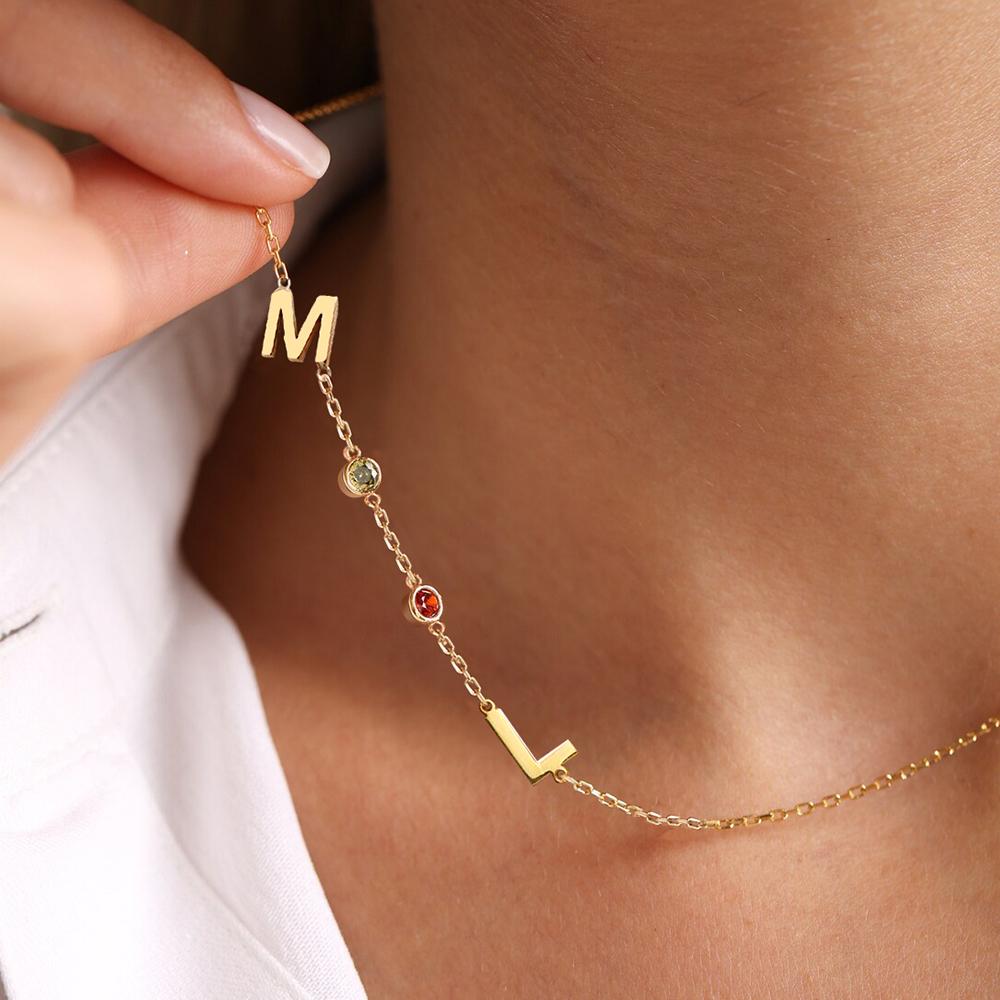 EMANCO DIY Birthstone Name Customized Necklace 26 Letter Side Pendant Necklace for Women Birthday Gift
