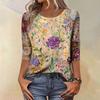Trendy Vintage 3/4 Sleeve Top For Women,Ladies Casual Three Quarter Sleeve Round Collar Printed T-Shirt Blouse