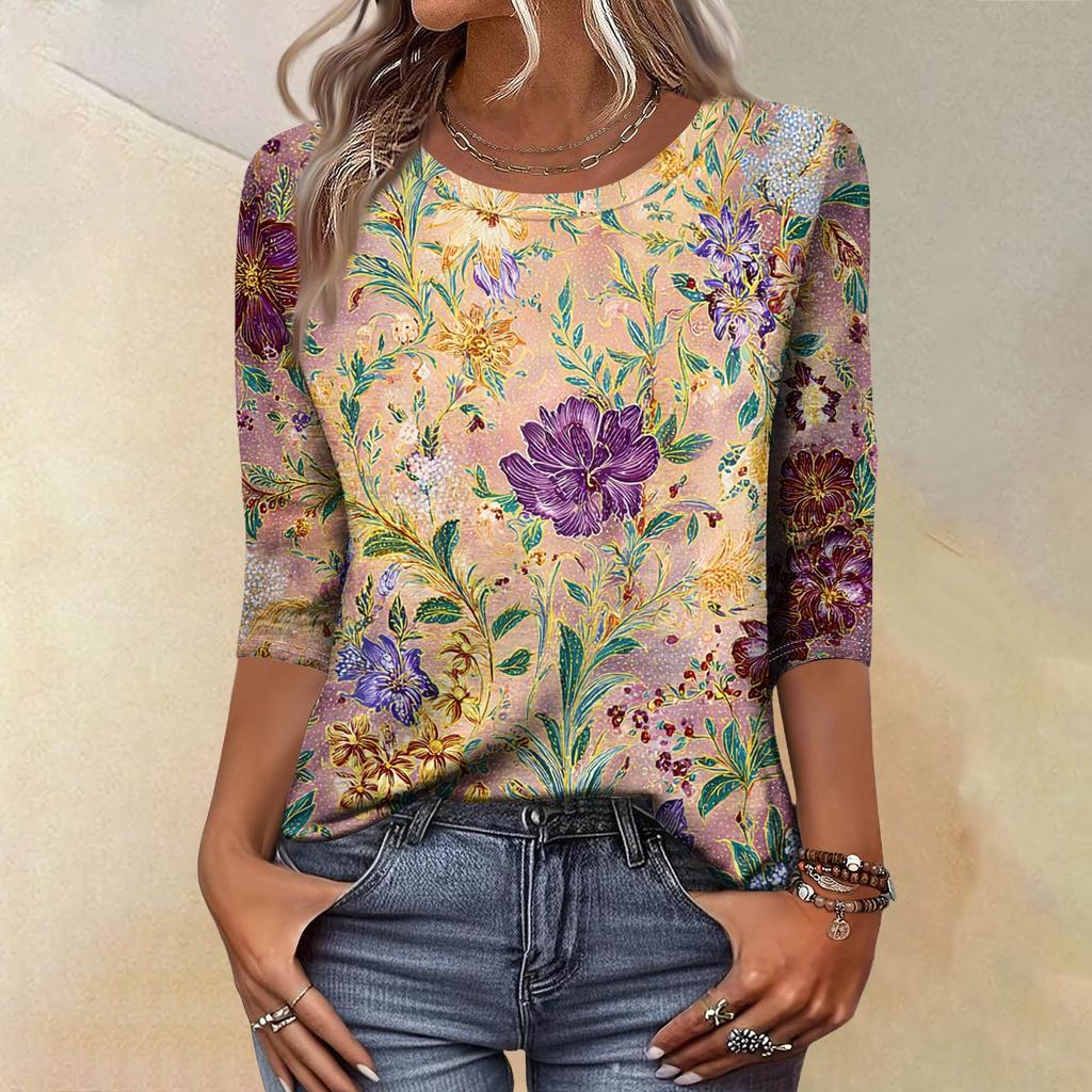 Trendy Vintage 3/4 Sleeve Top For Women,Ladies Casual Three Quarter Sleeve Round Collar Printed T-Shirt Blouse