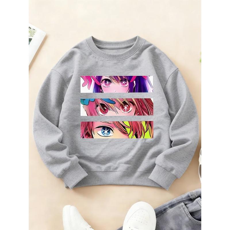 Kidss Crewneck Long Sleeve Sweatshirt, Manga Style 2D Girl Eye Panel Graphic Print