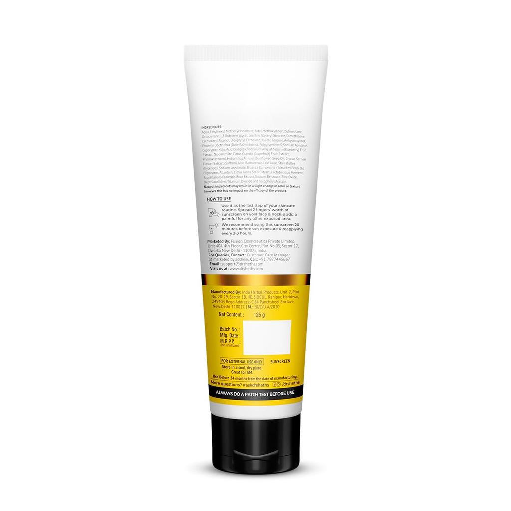 DR. Sheth's Kesar & Kojic Acid Sonnenschutz LSF 50+ Pa++++ Leicht Nicht Fettend 125 g Für Alle Hauttypen