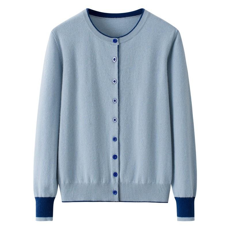 Early Autumn Women's Color Block Cashmere Cardigan - Round Neck, 9 Resin Buttons Sweater Coat