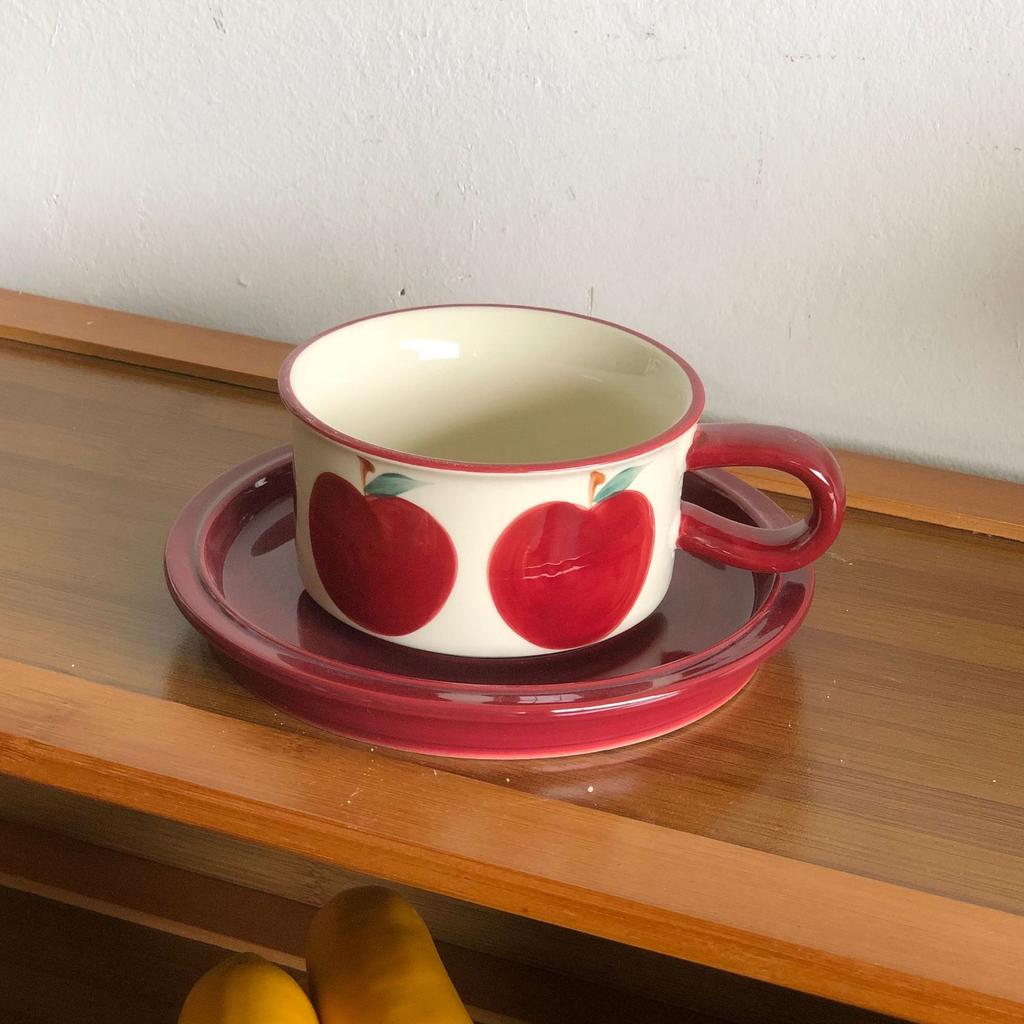 Rotes Apfelmuster Bemalte Tasse & Untertasse Porzellan Kaffeetasse Esstisch Blumentassen Nachmittagstee Teetasse Obst Saftbecher