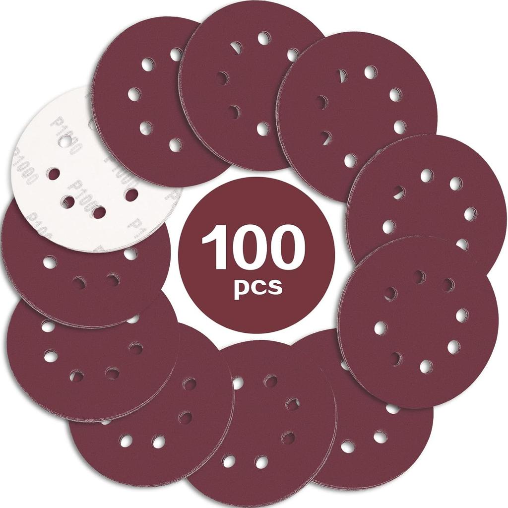 100PCS 125mm Sanding Discs, 5 Inch 8 Hole Hook and Loop Sanding Pads for Random Orbital Sander(40 to 2000Grits)