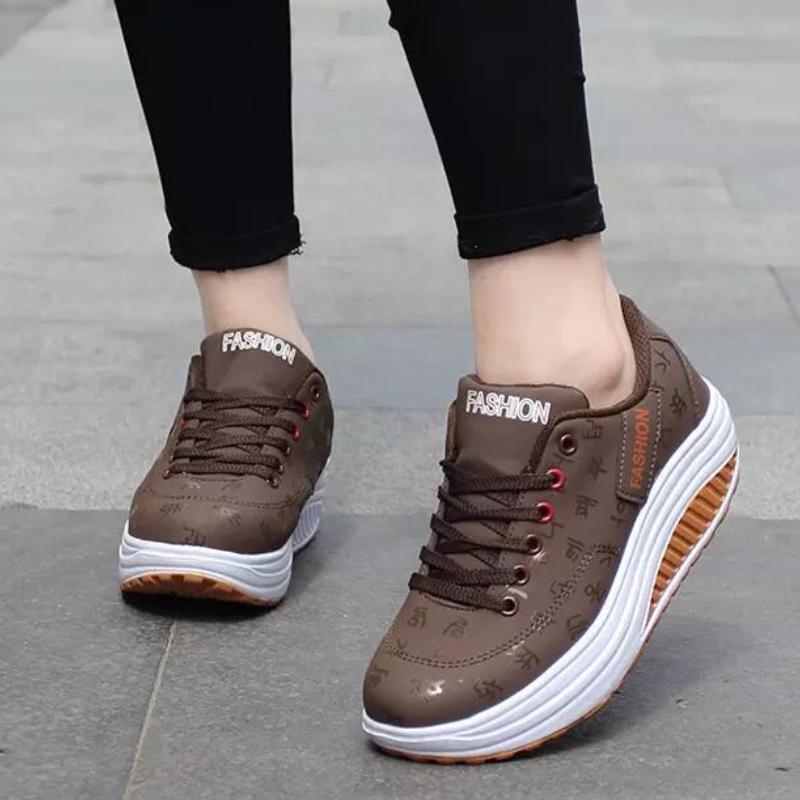 Fashion Women Running Sports Shoes Rocker Shoes Breathable Platform Shoes PU Leather Casual Walking Wedge Heels