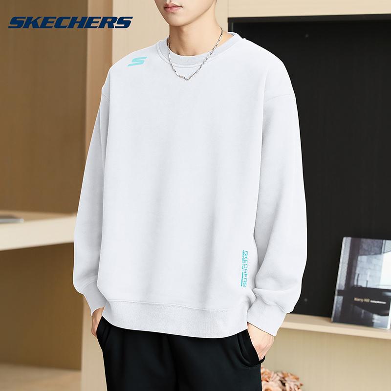Skechers Basic Letter Print Casual Commuting Versatile Layering Crew Neck Pullover Sweatshirt Men Sweatshirt Cotton-Candy-White P425M232-0074