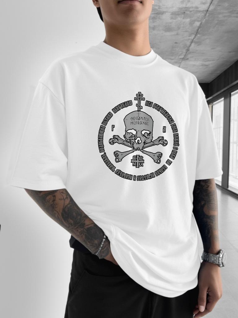 25 Summer Men's Popular Skeleton Cross Printed Round Neck T-shirt Versatile Casual Pure Cotton Simple High Quality Short Sleeve