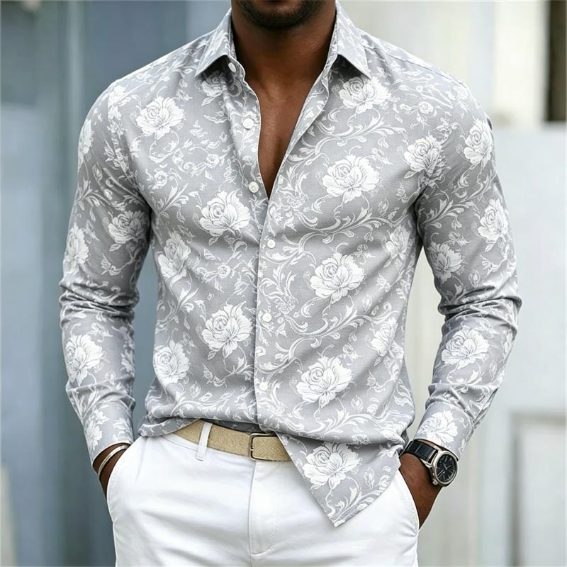2026 Nuova Camicia da Uomo Stile Europeo e Americano Camicia Floreale Rosa Rossa Uomo Slim Fit Manica Lunga Stile Casual da Vacanza