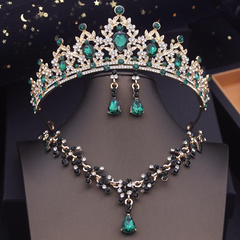 Princess Crown Bridal Jewelry Sets for Girls Blue Tiaras Choker Necklace Sets Bride Wedding Dress Prom Jewelry Accessories
