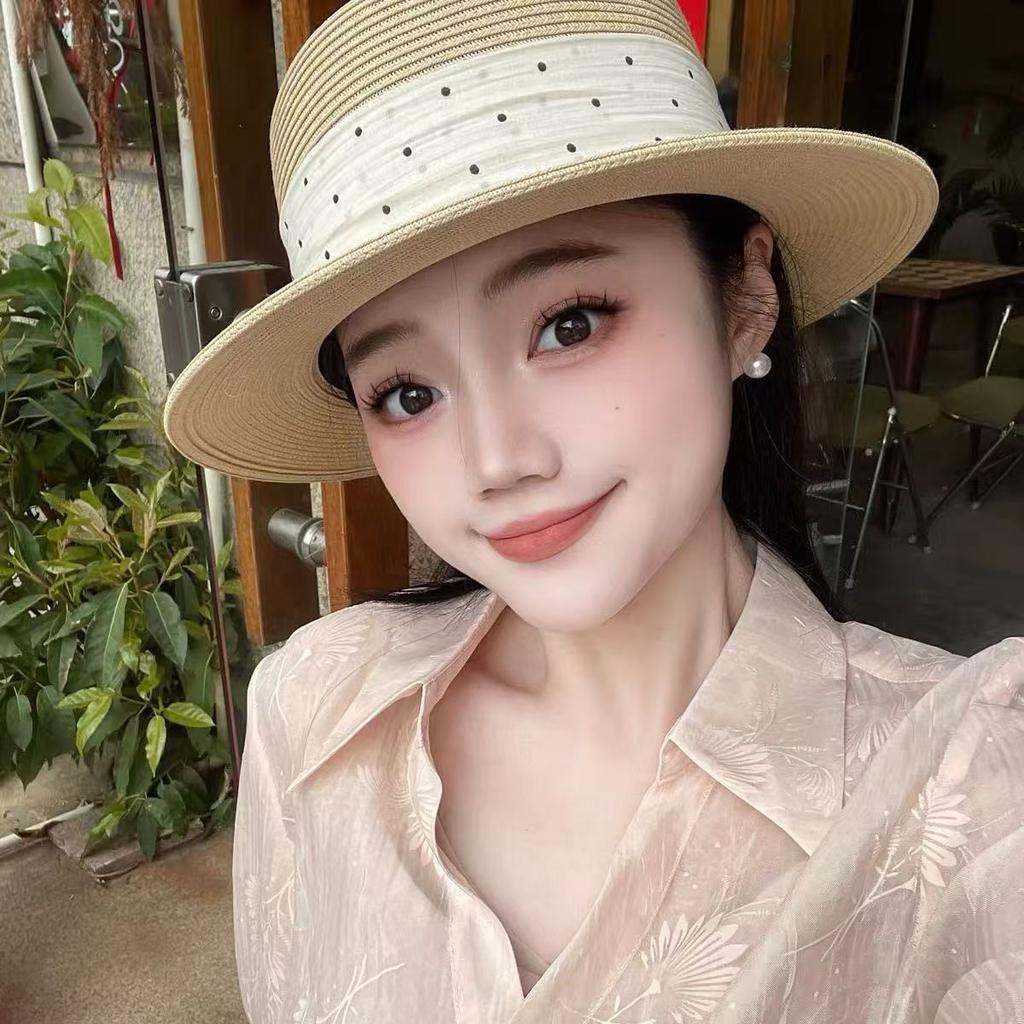 French Vacation Style Polka Dot Flat Top Top Hat Women's Summer Elegant Pearl Straw Hat Travel Seaside Sun Protection Hat
