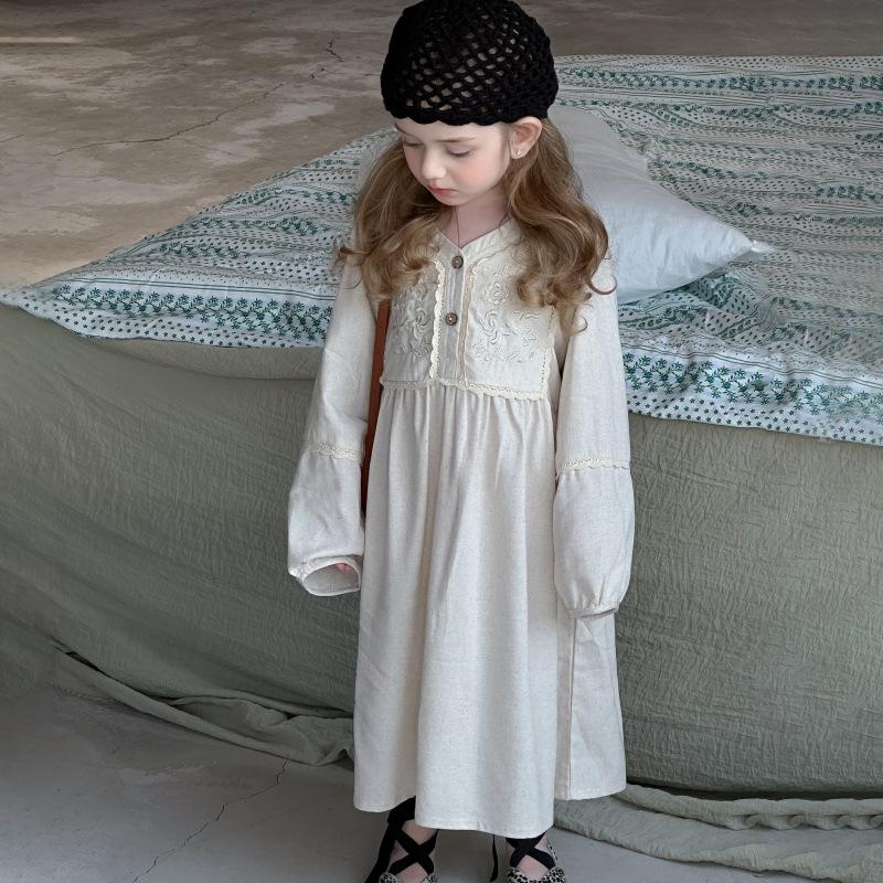 Girls' Spring Retro French Lace Long Sleeve Dress