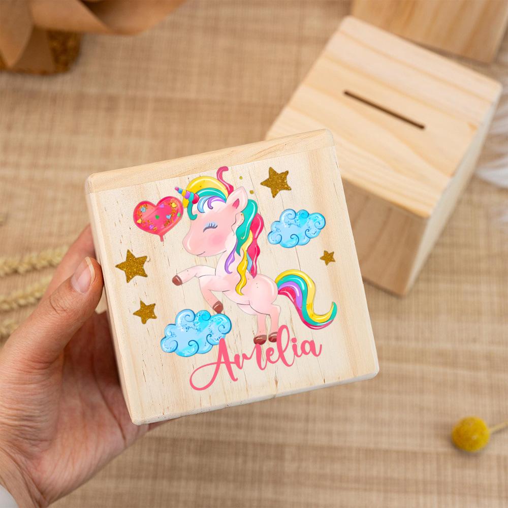 Personalized Wooden Piggy Bank, Gift for School Enrollment, Custom Name Coin Bank, Cube Wooden Animal Money Box, Birthd