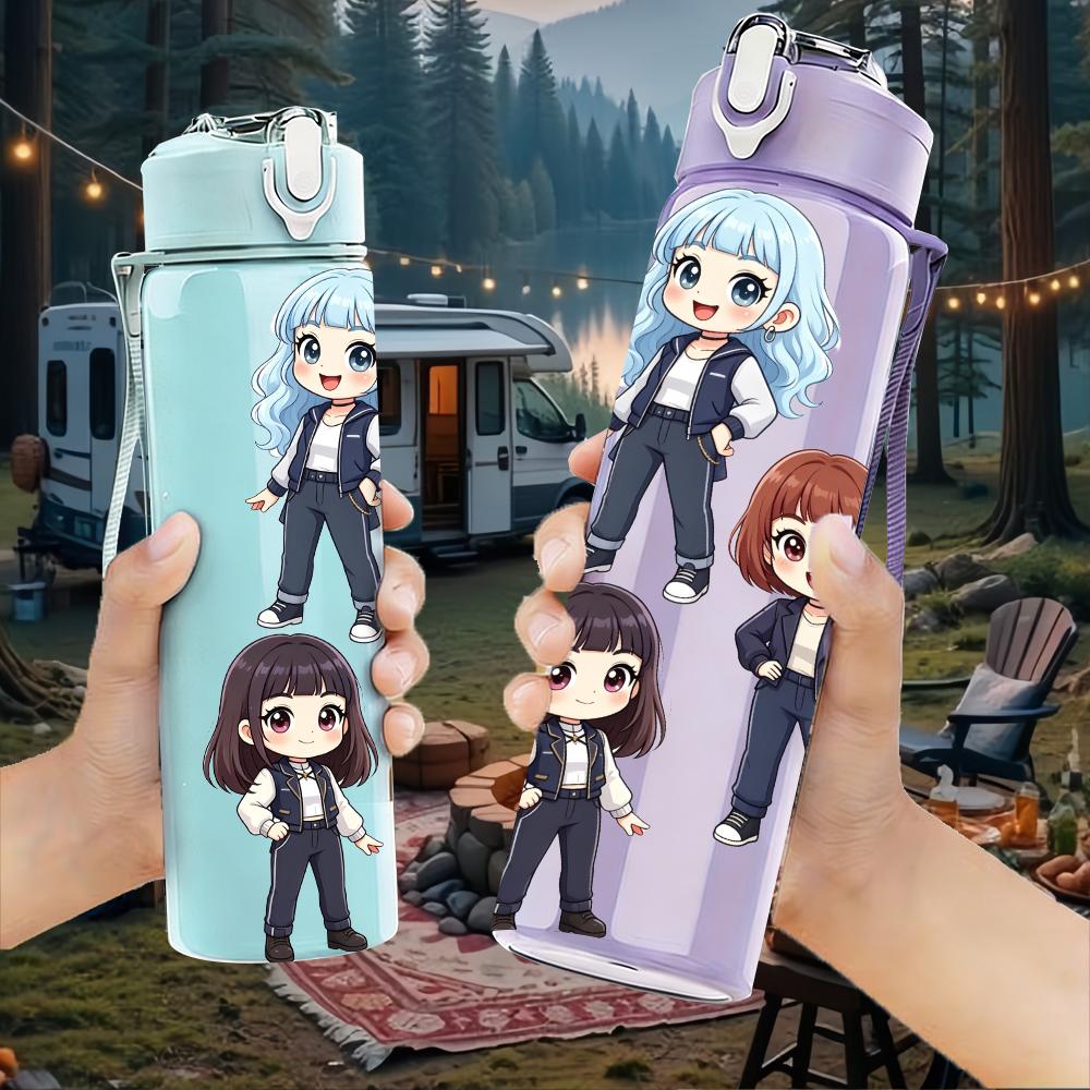 1PC Three Anime Character Group Portrait 750ml Color Plastic Sports Water Bottle Leakproof Flip Straw Lid Suitable for Sports Office Home Use