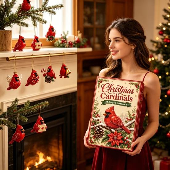 Advent Calendar for Kids Red Bird Calendar, 24-Day Christmas Countdown Set with Acrylic Ornament Collection Ornaments, 2D Tree Hanging Decor,