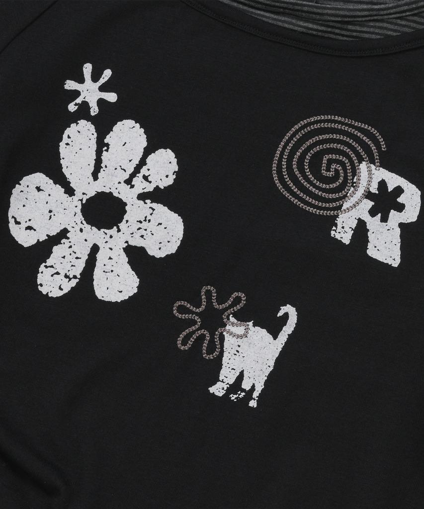 LMR Motif Embroidered Stripe Layered Short Sleeve T-Shirt Black Stripe