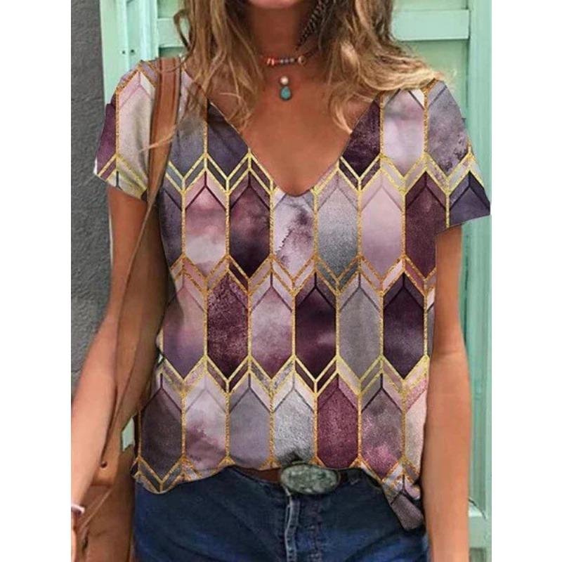 Summer V-neck 3D Retro Ethnic Style Printed Top Fashionable Casual Short Sleeved Women's T-shirts