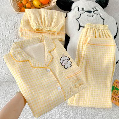 Milk Yellow Grid Line Puppy Pajamas Women'S Summer High-Value Cloud Cotton Loungewear Short-Sleeved Three-Piece Set
