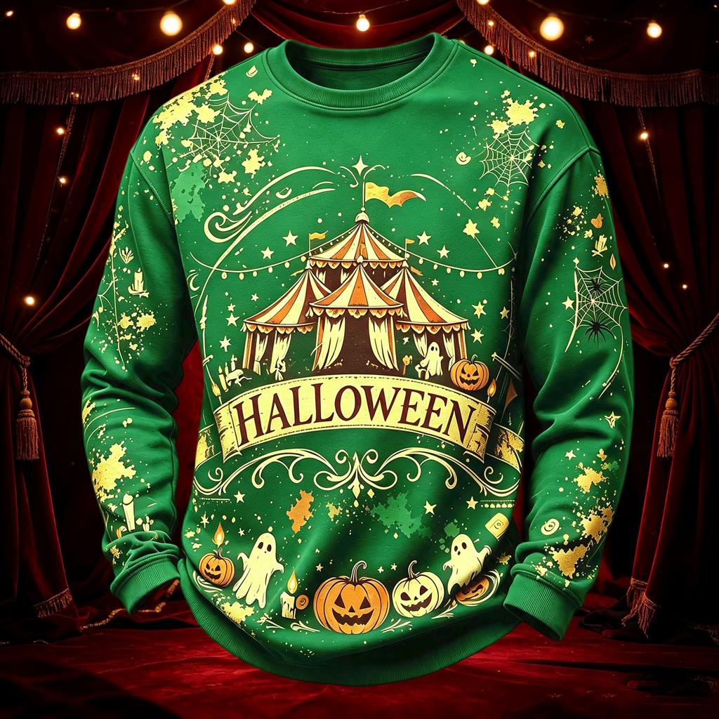 Men's Casual Round Neck Long Sleeve Top with Halloween Print