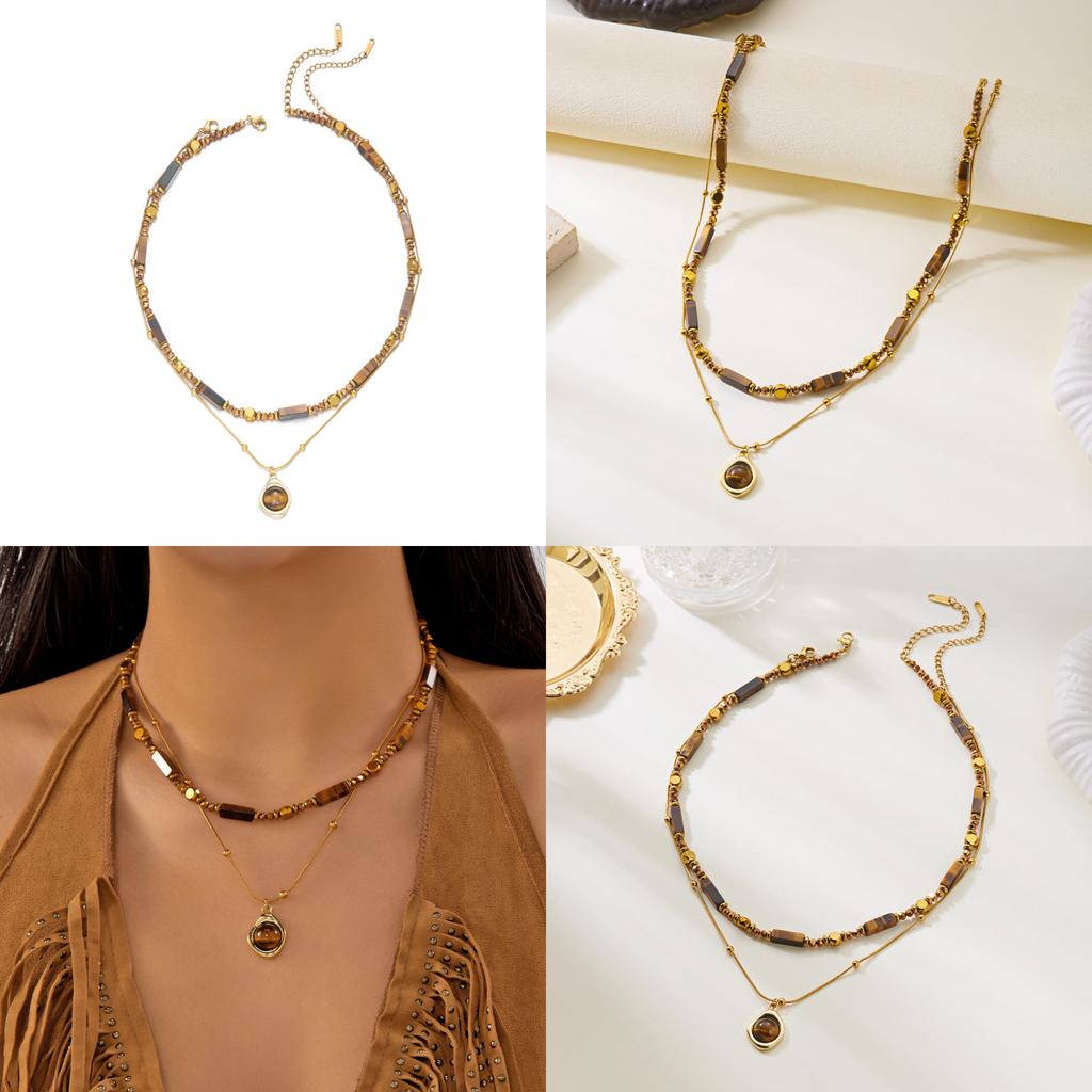 Tiger Eye Beaded Necklace With Steel Pendant Geometric Design For Fashion Casual Wear