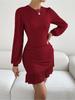 Abito in maglia con scollo tondo, elegante abito attillato per donna, manica lunga, tinta unita, abiti larghi, abito con bordo a foglia di loto
