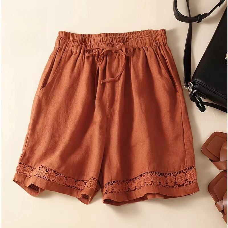 Summer Thin Shorts Women's Retro Hollow Lace Elastic Waist Casual Pants Loose All-match Wide-leg Cotton and Linen Pants