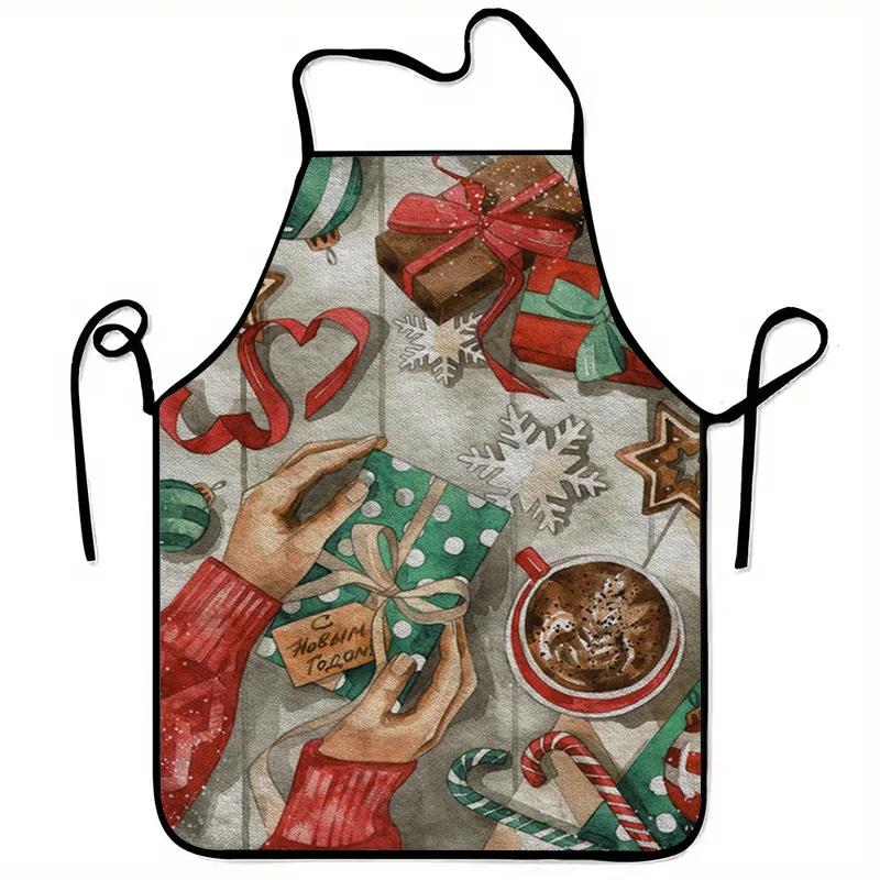 1pc Large 23.62x31.5inch Heavy-Duty Christmas Apron with Festive Holiday Print Candy Canes, Snowflakes, Gingerbread