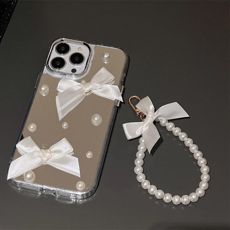 For IPhone16pro Mobile Phone Case for Apple 17pro Mirror High-end 15 Pearl Bow 15 Hand Chain
