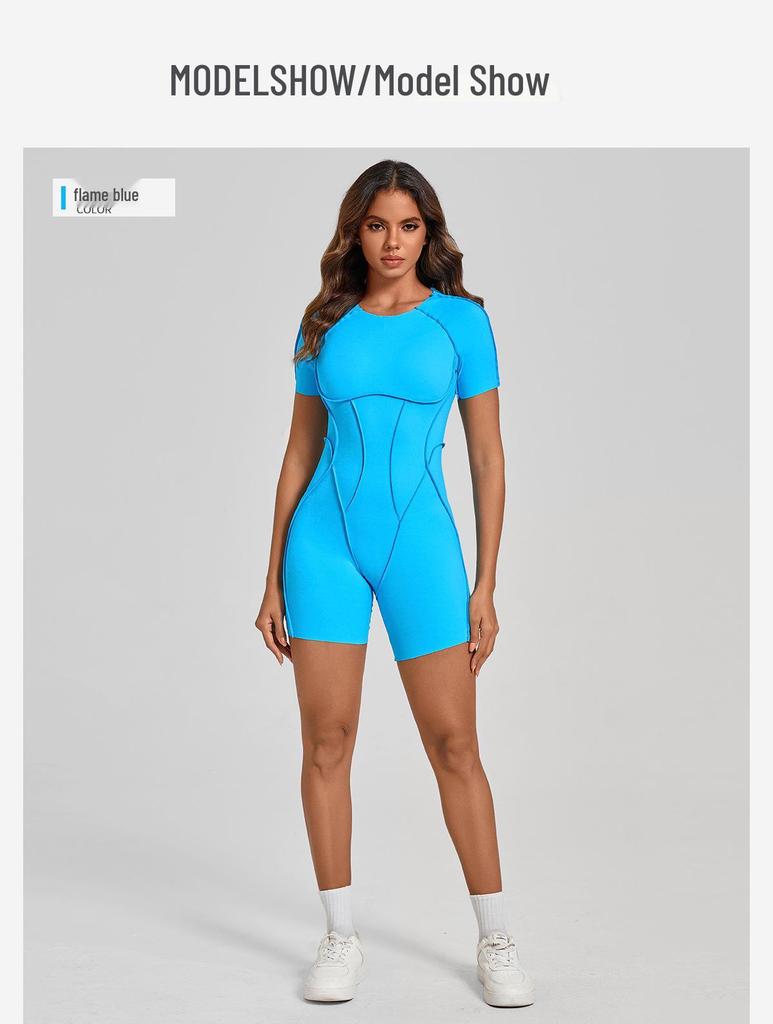 Europäischer & Amerikanischer 3D Ästhetischer Kurzarm Jumpsuit mit Offenem Rücken für Yoga und Fitness