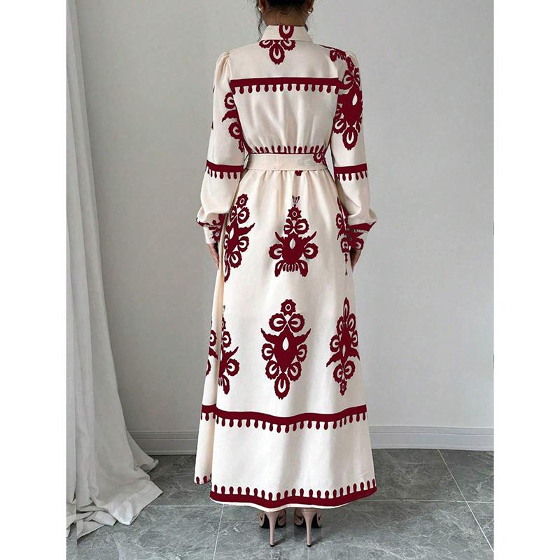 Mote Vintage Langermet Løse Hverdagskjoler Dame Knapper Revers A-linje Trykket Skjortekjole Dame Høy midje Snøring Lang Kjole Vår Ny 25892