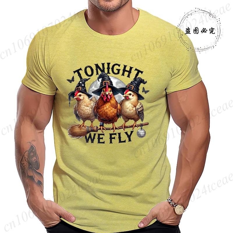 Halloween Tonight We Fly TShirt for Women Men Chicken Witches Hat Funny Casual TShirt Spooky Witch Men TShirts Clothing Tops