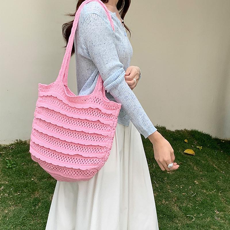 Sac fourre-tout en tricot grande capacité couleur unie pour femme, sac à main d'été pour les vacances à la mer, sac à bandoulière au crochet pour dames
