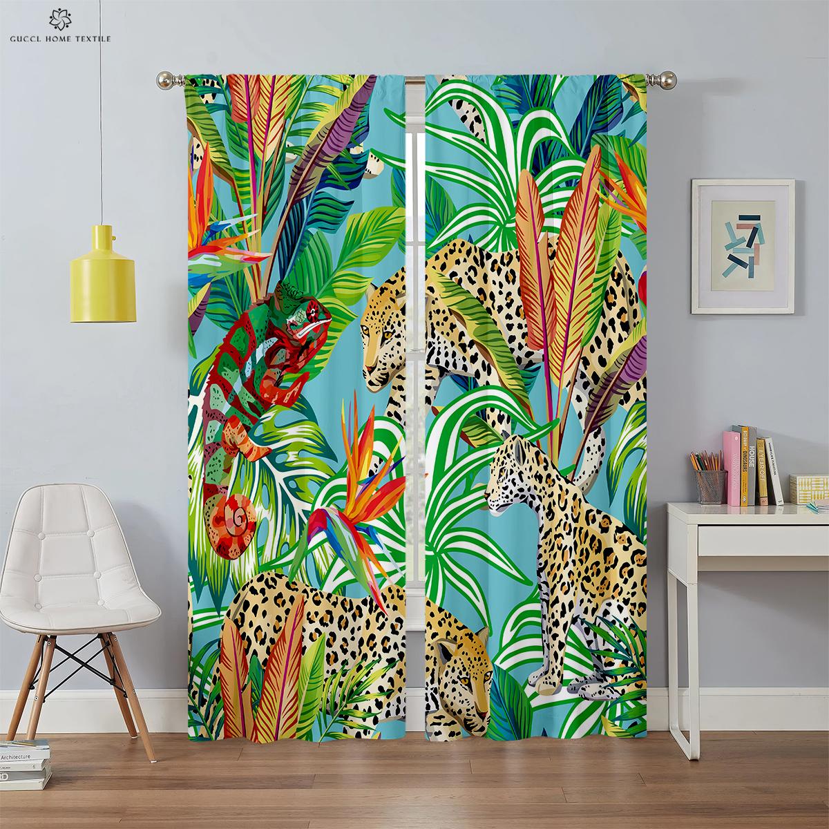 

Индивидуальные шторы для детской комнаты, Животное тропического леса, Лесной принт, Гостиная, Кухня W50xH130(CM)x2PCS&Grommet Top
