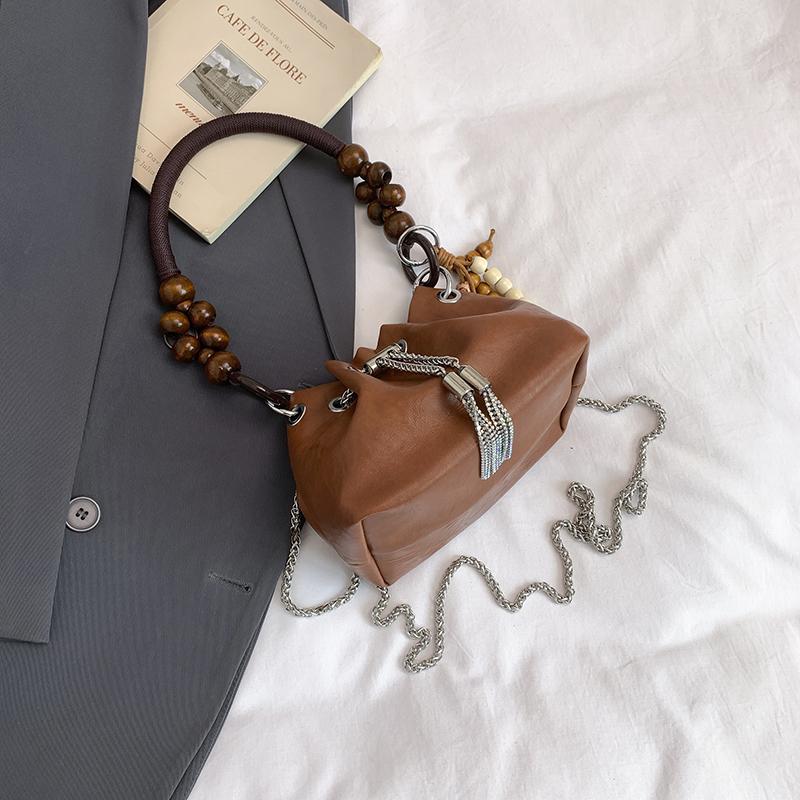 Beading Short Handle Underarm Bag For Women Retro Pu Leather Bucket Crossbody Bag Fashion Drawstring Handbag Trend Clutch Bag