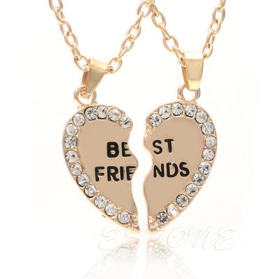 1Pair Rhinestone Half Love Heart Pendant Best Friends Necklace Friendship Gift AVE