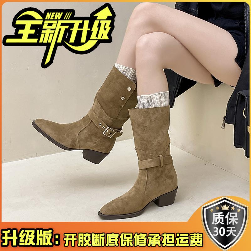 Retro round head belt buckle medium boots thick heel 2025 autumn and winter new thick sole, thin and high western cowboy boots casual