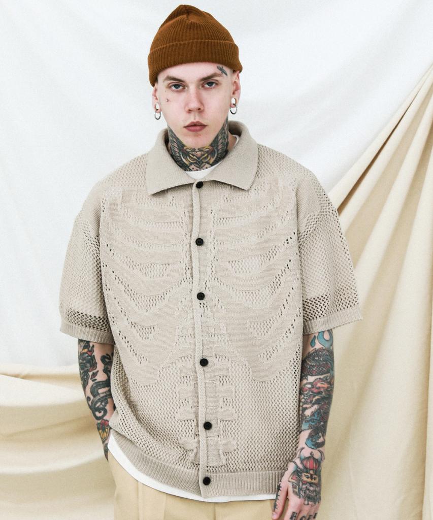 Stage Name Skeleton Short Sleeve Knit Shirt Cardigan_Sand Beige