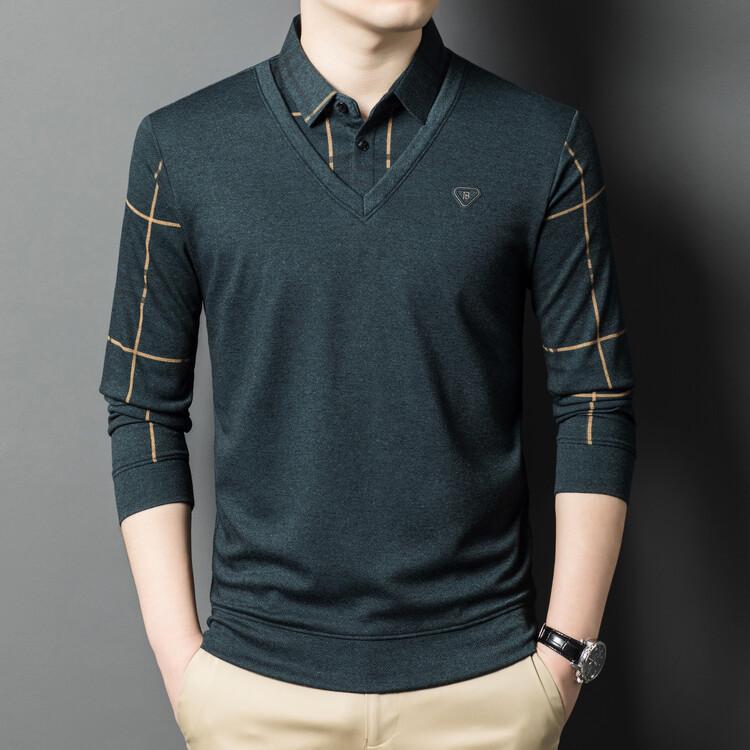 

Футболка с длинным рукавом для мужчин Весна и Осень Новинка Мужская рубашка из двух частей с имитацией Рубашка-поло в клетку Повседневная для мужчин среднего возраста XXXXL