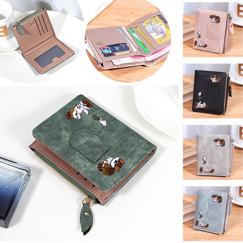Fashion Cowboy Style Wallet Cat Embroidery Pattern Large Capacity Buckle Phone Pocket Bag Coin Purses for Women Men