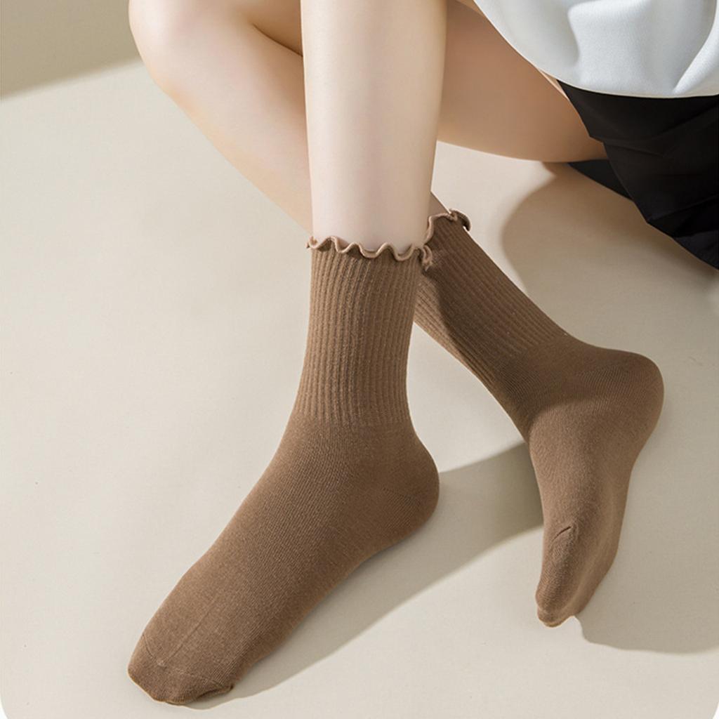 5 Pair Women Fashionable Ruffle Cuffs Crew Socks Cotton Blend Ribbed Knitted Stretchy Fit Comfortable Frilly Ankle Socks