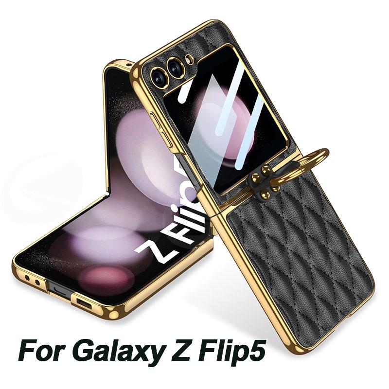 Luxury Leather Plating Ring Holder Case For Samsung Galaxy Z Flip 5 5G Back Screen Glass Hard Cover For Galaxy Z Flip5 Case