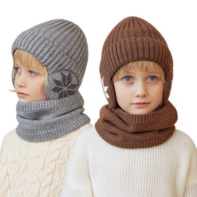 2Pcs Knitted Children Winter Hat Scarf Set Fleece Lining Ears Protection Kids Beanie Hats Neck Warmer Warm Child Boy Cap 4-10Y