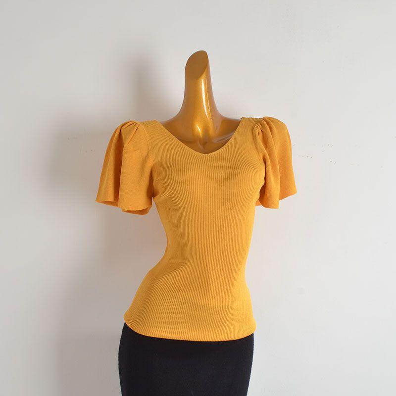 Cabinet V-neck Pleat Short sleeve Ice Silk Knit Women clothes Summer Pure Desire Wind Slim fit Slimming All-Match T-shirt Top